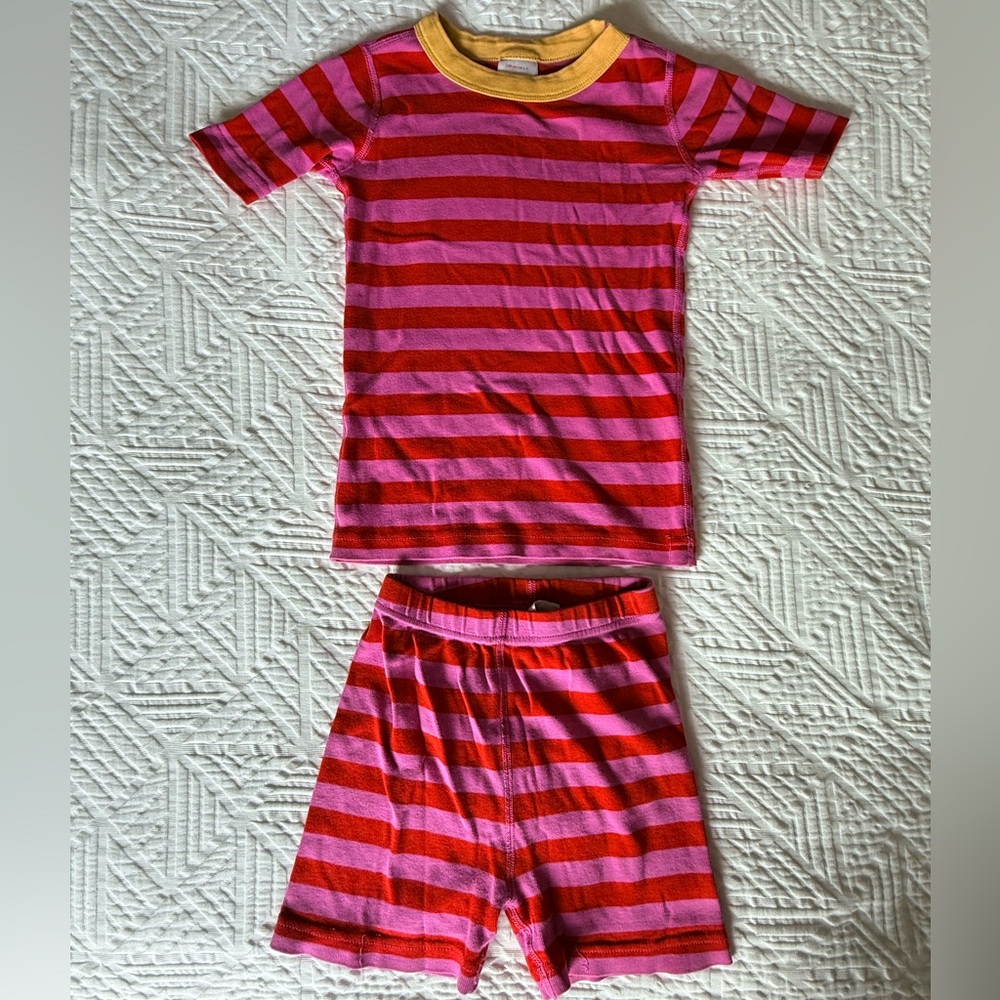 Hanna Andersson Kids Striped Pink & Red Pajama Set with Yellow Trim